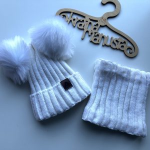 Komplet Zimowy Biały Pompony