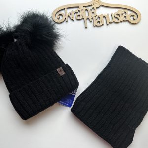 Komplet Zimowy Czarny Pompony 52-54 cm