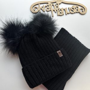 Komplet Zimowy Czarny Pompony 52-54 cm